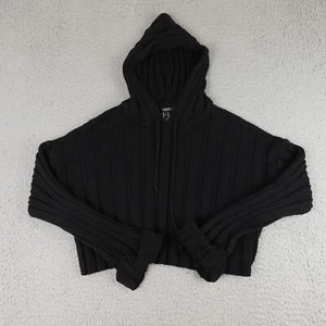 Forever 21 Sweatshirt Womens Medium Black Cropped Ribbed Hoodie Y2K Goth - Picture 1 of 10