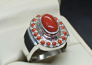 Natural 5 Carat Red Coral Sterling Silver 925 Handmade Marjan Mens Heavy Ring - Picture 1 of 12