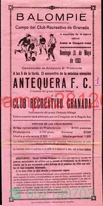 CARTEL DE FUTBOL AÑO 1933 ANTEQUERA FC - CLUB RECREATIVO GRANADA 146x305mm - Picture 1 of 3