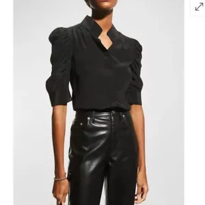 FRAME Gillian Silk Collared Puff-Sleeve Top - Noir Black Size Medium - Picture 1 of 13