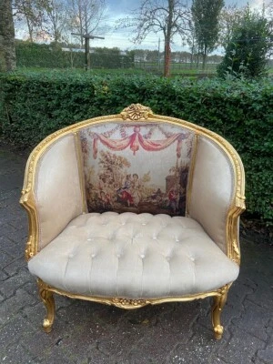 Loveseat Settee Marquis Gold Leaf Velvet Tufted French Scenic Back Sofa - Image 1 of 4