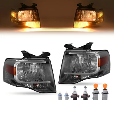 Smoke Lens Pair For Ford Expedition 2007-2014 Amber Corner Headlights W/Bulbs - Image 1 of 4