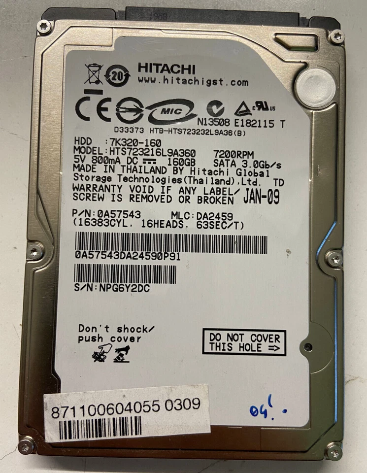 Hitachi 160gb HTS723216L9A360 0A57543 0A30121 01 7K320 Hard Disk 2.5 SATA - Image 1 of 1