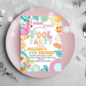 Personalised Pool Party Invitation Tropical Splish Splash Girly swimming 341 - Picture 1 of 3