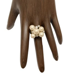 Lia Sophia Faux Pearl Ring Cocktail Rhinestone Bead Cluster Matte Statement Sz 9 - Picture 1 of 5