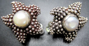 STEPHEN DWECK 1998 Sterling Silver 925 Genuine Pearl Starfish Clip Earrings - Picture 1 of 4