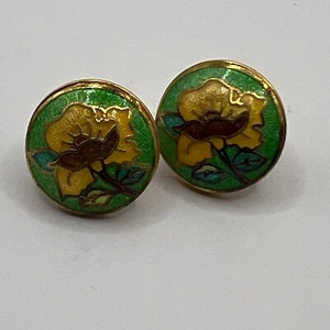 Vintage Cloisonne Pierced Earrings Yellow Green Flower Gold Tone - Picture 1 of 6