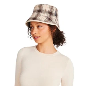 Steve Madden Women's Reversible Plaid Bucket Hat Cream Fabric - Picture 1 of 12