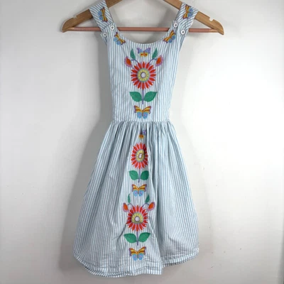 Vestido Mini Boden 7-8 Bordado Floral Espalda Cruzada Algodón Rayas Preppy Playa Foto 1 de 4