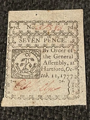 1777 Seven Pence Hartford CT Blue Paper Colonial Currency. With Museum Letter! - Image 1 of 4