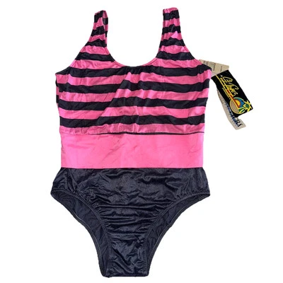 Traje de baño vintage de una pieza a rayas gris rosa de los años 80 NUEVO hecho en EE. UU. Antron Lycra Foto 1 de 4