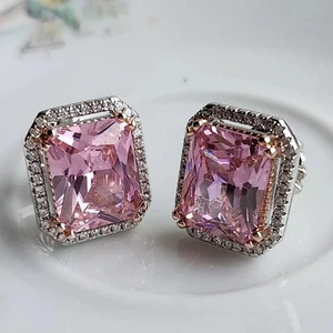 Pink Tourmaline 3Ct Emerald Lab Created Stud Earrings In 14k White Gold Plated - Picture 1 of 8
