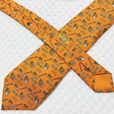HERMES Silk Tie Orange Rabbit Farm France All over Pattern - Image 1 of 4