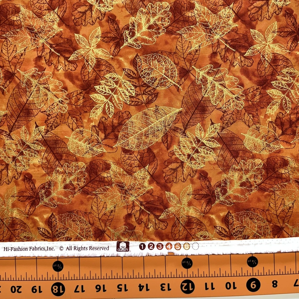 HI-FASHION FABRICS Fall Fabric | Stamped Metallic Gold Leaves Orange | Hi-Fashion YARD
