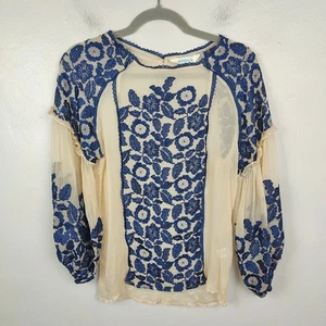 Sundance Luiza Silk Top Womens Medium Blue Cream Semi-Sheer Embroidery Boho - Picture 1 of 7