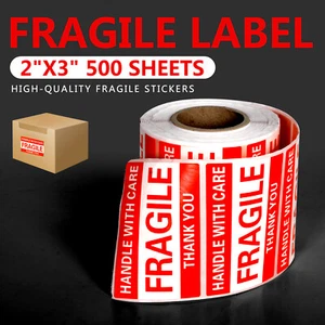 500 PIEZAS 1 rollo pegatinas frágiles 2x3 etiquetas frágiles mango adhesivo con cuidado envío por correo - Imagen 1 de 13
