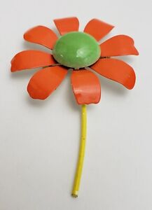 Vintage Enamel Daisy Flower Brooch Pin Orange Green Yellow 3 3/4"