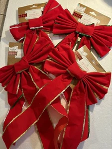 4 Red Velvet Bows 10x22 / 2 Gold Trim /1 Green Trim/ 1 Silver Trim Craft - Picture 1 of 4