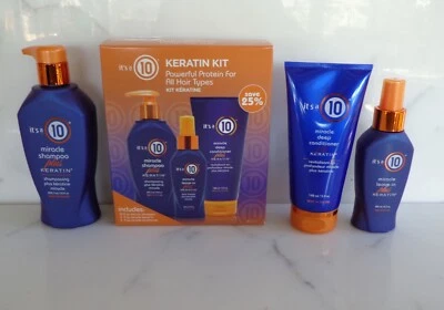 It's a 10 KERATIN PLUS KIT for hair: Shampoo, Conditioner & Miracle Leave - Image 1 of 2