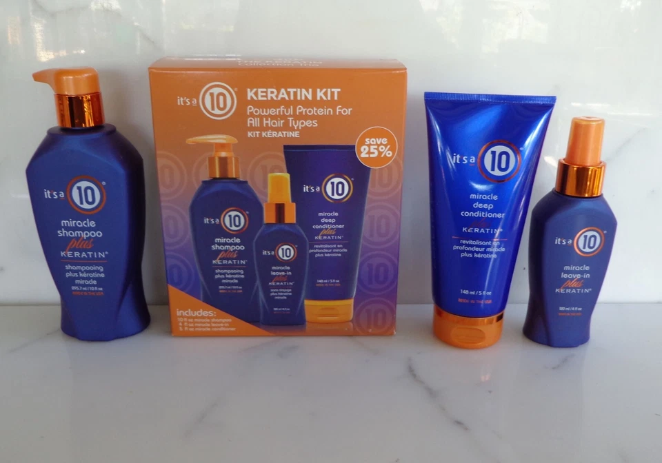 It's a 10 KERATIN PLUS KIT for hair: Shampoo, Conditioner & Miracle Leave - Image 1 of 2