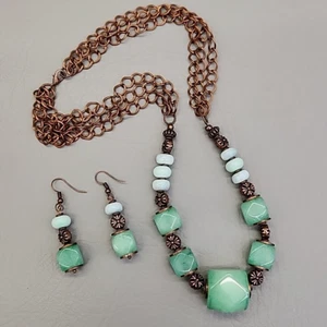 Beaded Necklace Pierced Earrings Set Green Aventurine Copper Curb Chain 21 in - Picture 1 of 22