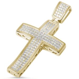 Yellow Gold Plate Micro Pave Cubic Zirconia Cross .925 Sterling Silver Pendant