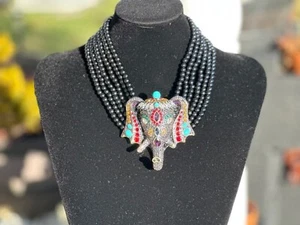 NEW Heidi Daus "Chic Sheik" 5-Strand Beaded Crystal Drop Elephant Necklace Black - Picture 1 of 4