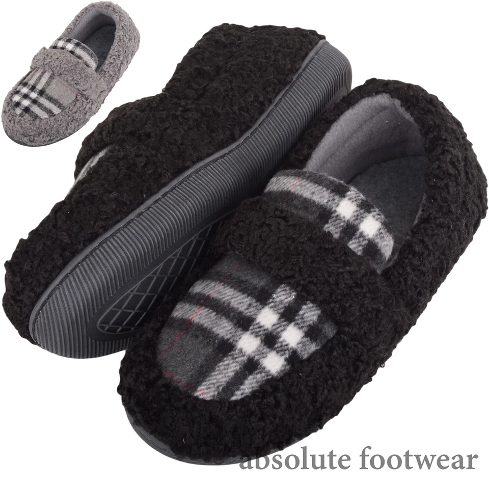 Womens Ladies Easy Slip On Memory Foam Faux Fur Checked Moccasin Style Slipper - Image 1 of 1