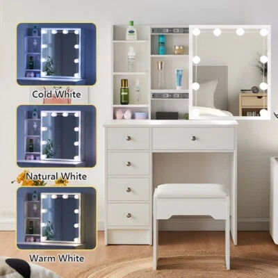 Dressing Table and Stool Set Mirror Sliding Cabinet 5 Drawers 6 Shelves+Bulbs - Image 1 of 4