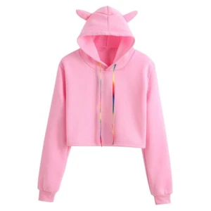 Lady Girl Hooded Crop Hoodies Sweatshirt Cat Ear Cute Harajuku Casual Punk Sweet - Picture 1 of 11