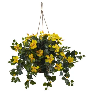 22" ARTIFICIAL SILK YELLOW HIBISCUS FLOWERS HANGING BASKET PLANT ~ DECOR GIFT - Picture 1 of 1