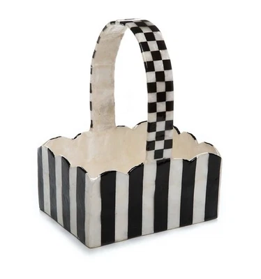 MacKENZIE CHILDS BLACK AND WHITE STRIPED CAPIZ BASKET - Image 1 of 4