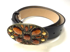 WOMAN'S BROWN LEATHER BELT 1.5" WITH LARGE OVAL AMBER BUCKLE - Picture 1 of 3