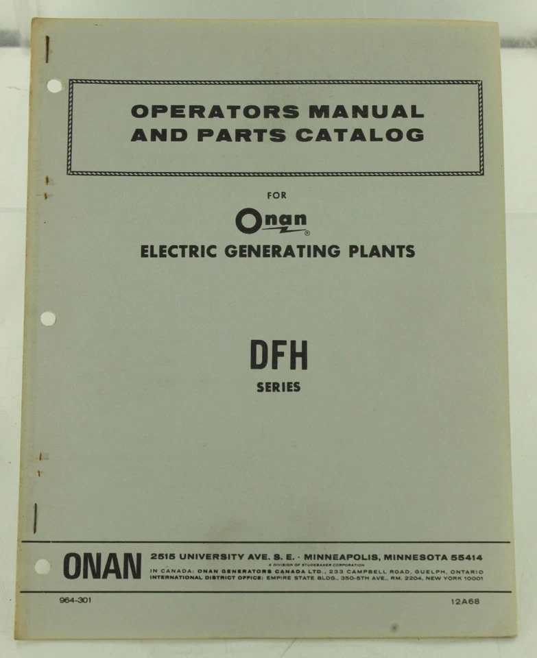 Vintage ONAN DFH Series Generator GenSet Operators Manual & Parts Catalog - Image 1 of 1