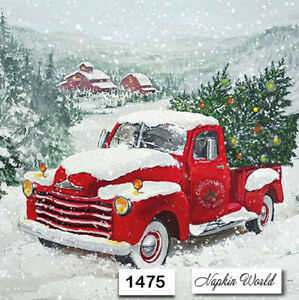 (1475) TWO Individual Paper LUNCHEON Decoupage Napkins - CHRISTMAS RED TRUCK
