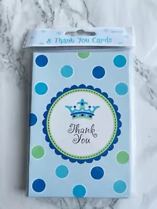 Thank You Cards & Envelopes For Baby Boy | Blue & Green Royal Theme | 8-Pack - Picture 1 of 5