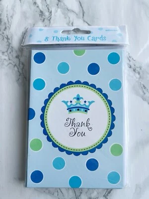 Thank You Cards & Envelopes For Baby Boy | Blue & Green Royal Theme | 8-Pack - Image 1 of 4
