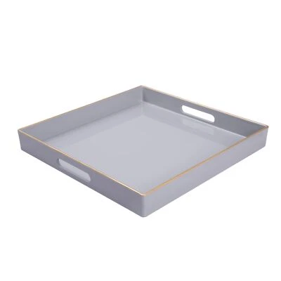 Bandeja decorativa de plástico cuadrada gris de 13"x13" con asas para otomana Foto 1 de 4