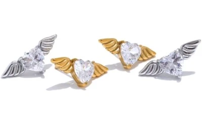 Orecchini Donna Acciaio Zircone Cuore con Ali – Idea Regalo Natale - Immagine 1 di 3