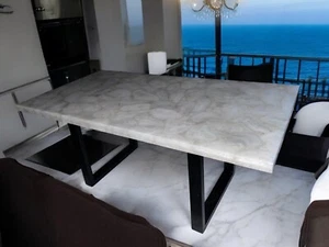 Rectangle White Quartz Dining Table Crystal Bar Countertop Elegance Furniture - Picture 1 of 7