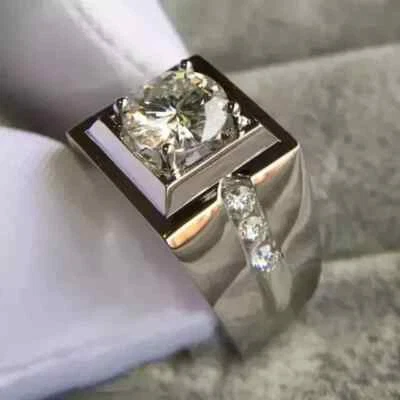 2CT 10k White Gold Over Mens Round Created Diamond Wedding Band Engagement Ring - Image 1 of 4