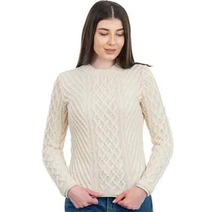 Saol Women's Irish Aran Fisherman Tunic Fitted Sweater, Natural, Size XL - Picture 1 of 6
