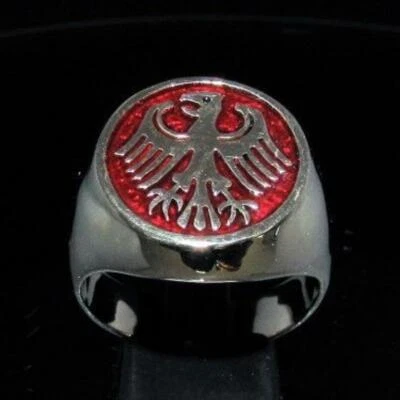 Anillo para hombre 2 quilates esmalte rojo águila alemana escudo de armas chapado en oro blanco 14K plateado Foto 1 de 4