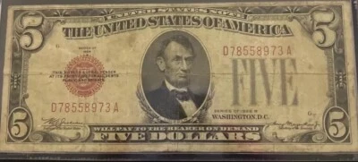 1928   $5  Dollar U.S. Red Seal  Federal Reserve Note - Image 1 of 2