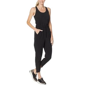 Womens Sleeveless Jumpsuit Romper Elastic Waist Ankle Pant Black Tech Fabric L - Picture 1 of 5