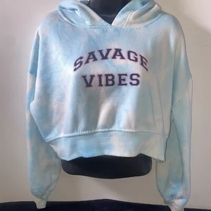 Rue21 Juniors Size L Cropped Hoodie Blue Savage Vibes 93 Graphic - Picture 1 of 5