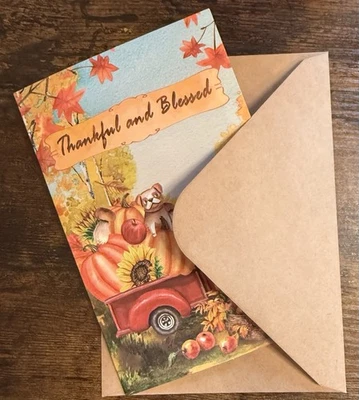 Thankful And Blessed Greeting Card Envelope #GC13 Thanksgiving Red Truck Dog - Image 1 of 4