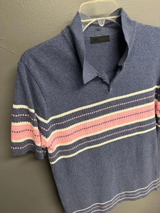 Suéter polo tejido diseño ASOS para hombre talla mediana azul rosa a rayas manga corta - Imagen 1 de 5
