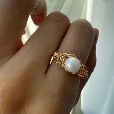 Natural Freshwater Pearl Ring 14K Gold Plated Wire Wrap Nest Women Jewelry Gift - Image 1 of 4
