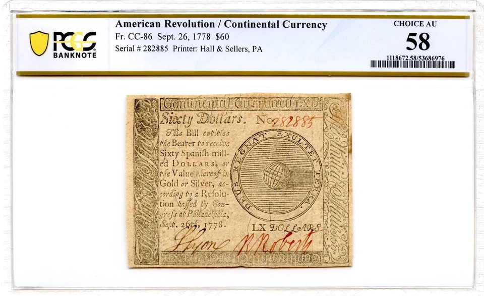 Continental Currency Fr#CC-86 September 26, 1778 $60 PCGS AU-58 - Image 1 of 2